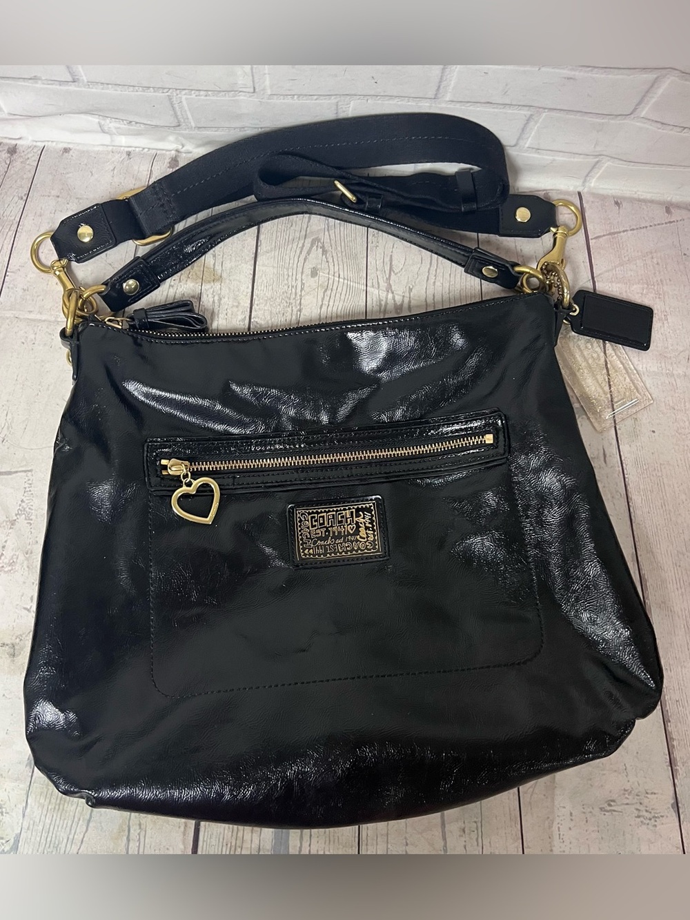 COACH DAISY LIQUID GLOSS PATENT LEATHER HOBO BAG PURSE F20108 BLACK POPPY Y2K